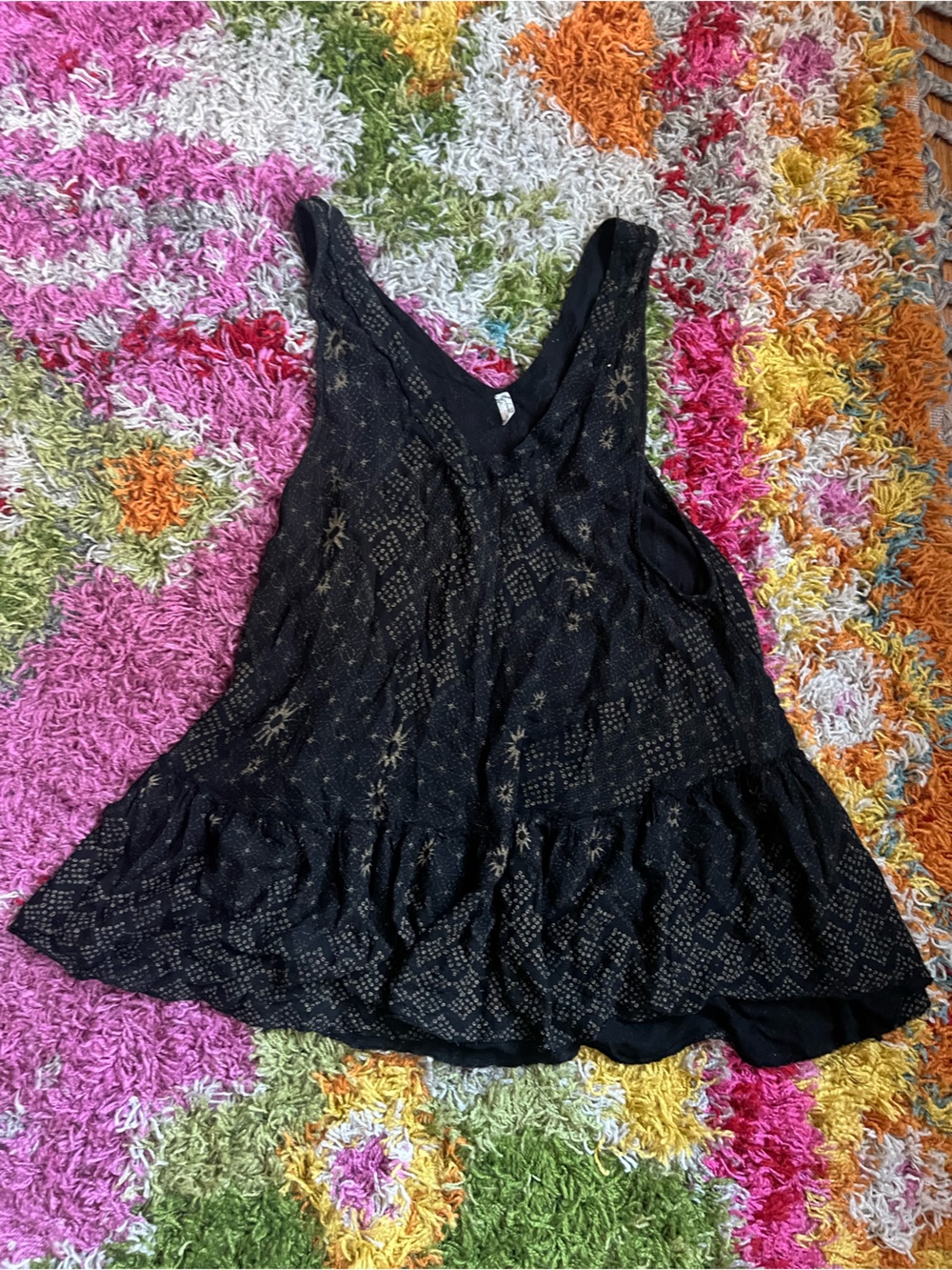 Free People Black Tiered Tunic Tank with Subtle Gold Star Accents